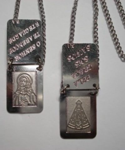 Escapulário Chapa Dupla - Coração de Jesus e Nossa Senhora Aparecida - Aço/ Inox