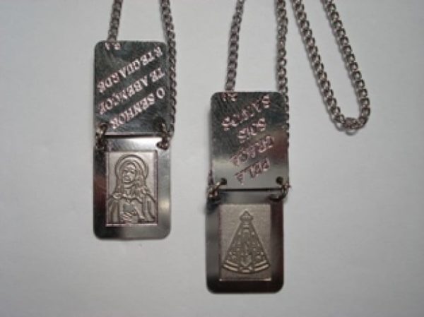 Escapulário Chapa Dupla - Coração de Jesus e Nossa Senhora Aparecida - Aço/ Inox