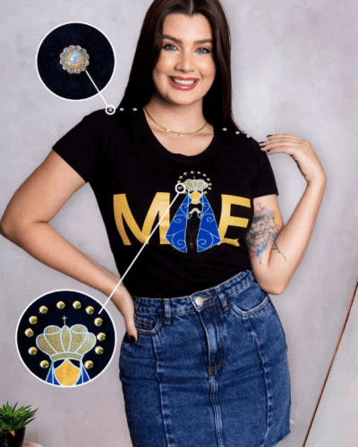 T-shirt Nossa Senhora Aparecida Mãe com Pérolas