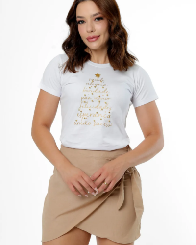 T-shirt Árvore Saúde Alegria Bondade Paz Amor Felicidade Esperança União Sucesso com Pérolas