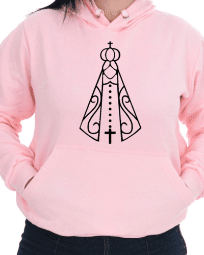 Blusa Moletom Flanelado Casual Nossa Senhora com Bolso Canguru e Capuz Rosa