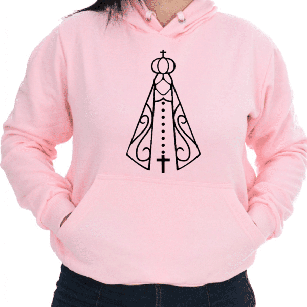 Blusa Moletom Flanelado Casual Nossa Senhora com Bolso Canguru e Capuz Rosa