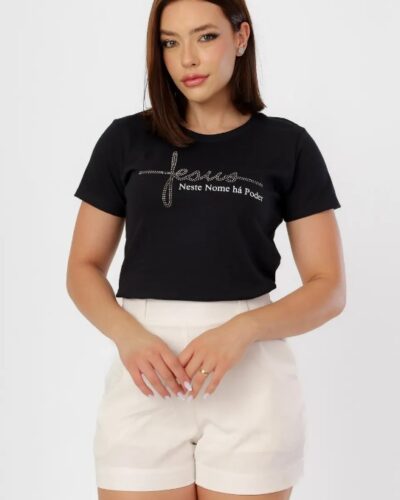T-shirt Jesus neste nome Há Poder com Strass
