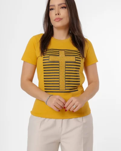 Tshirt Personalizada Jesus Cruz Aplicação Strass Mostarda