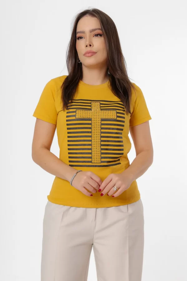 Tshirt Personalizada Jesus Cruz Aplicação Strass Mostarda