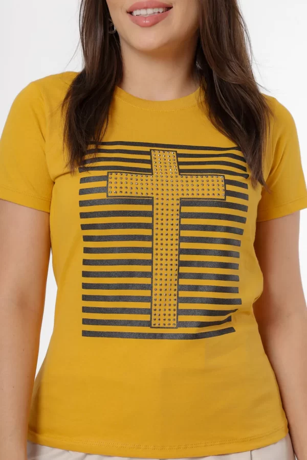 Tshirt Personalizada Jesus Cruz Aplicação Strass Mostarda - Image 2