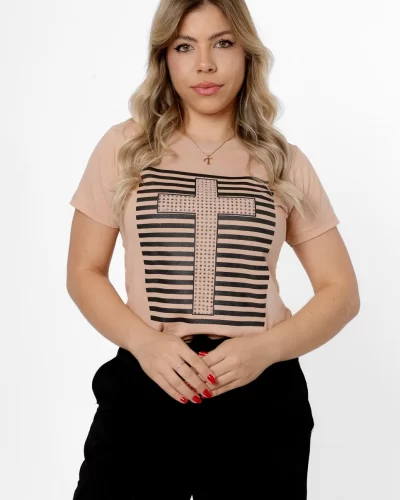 Tshirt Personalizada Jesus Cruz Aplicação Strass Bege