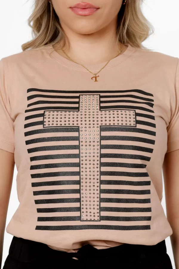 Tshirt Personalizada Jesus Cruz Aplicação Strass Bege - Image 2