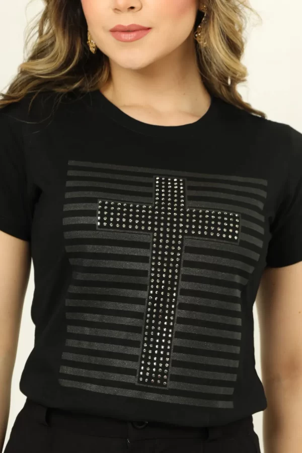 Tshirt Personalizada Jesus Cruz Aplicação Strass Preta - Image 2