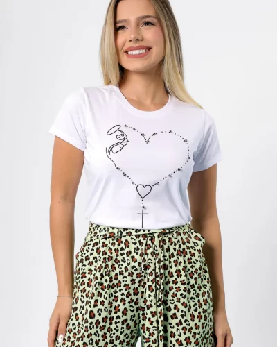 T-shirt Nossa Senhora Terço Coração com aplicação de Pérolas Branca