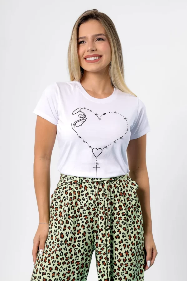 T-shirt Nossa Senhora Terço Coração com aplicação de Pérolas Branca