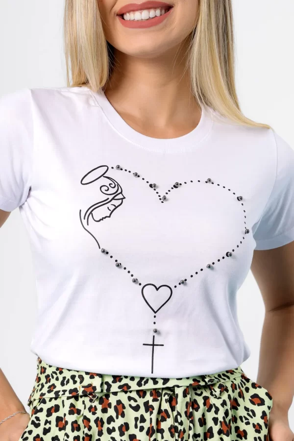 T-shirt Nossa Senhora Terço Coração com aplicação de Pérolas Branca - Image 2