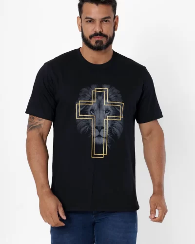 Camiseta Masculina Cruz Rosto Leão