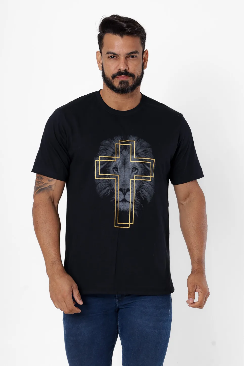 Camiseta Masculina Cruz Rosto Leão
